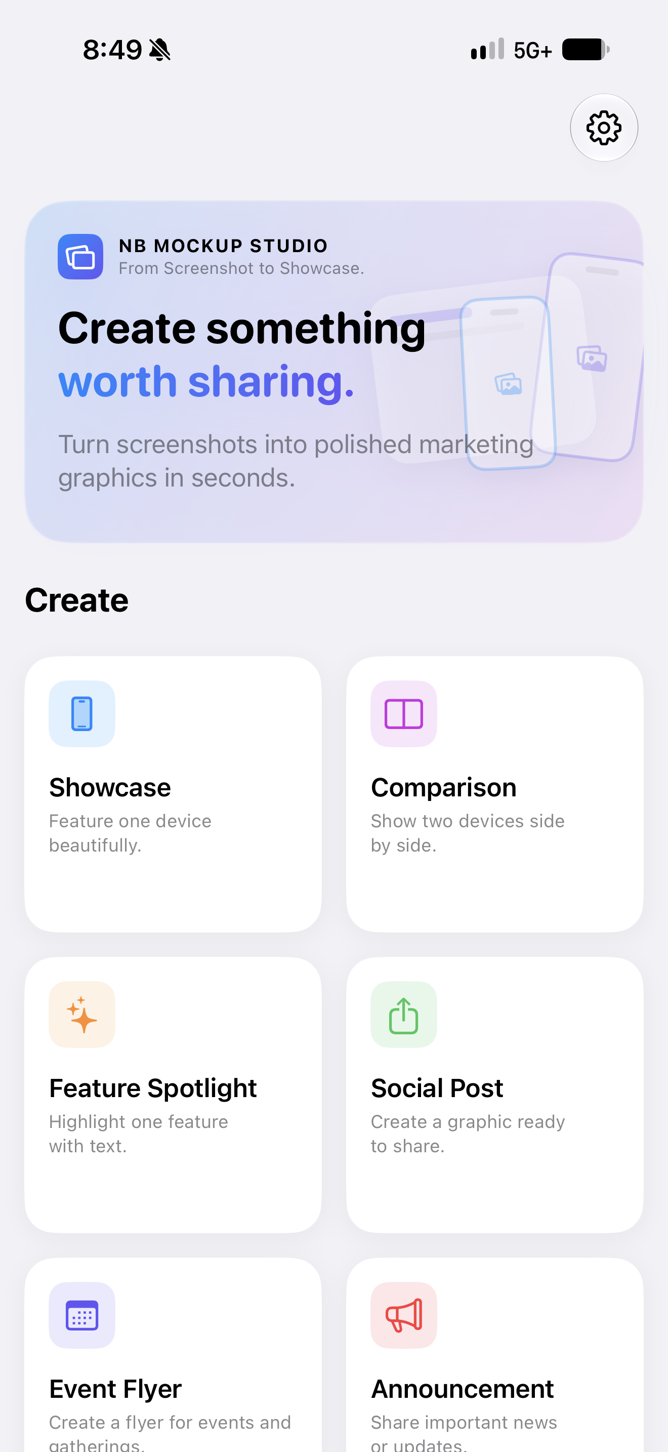 NB Mockup Studio app home screen